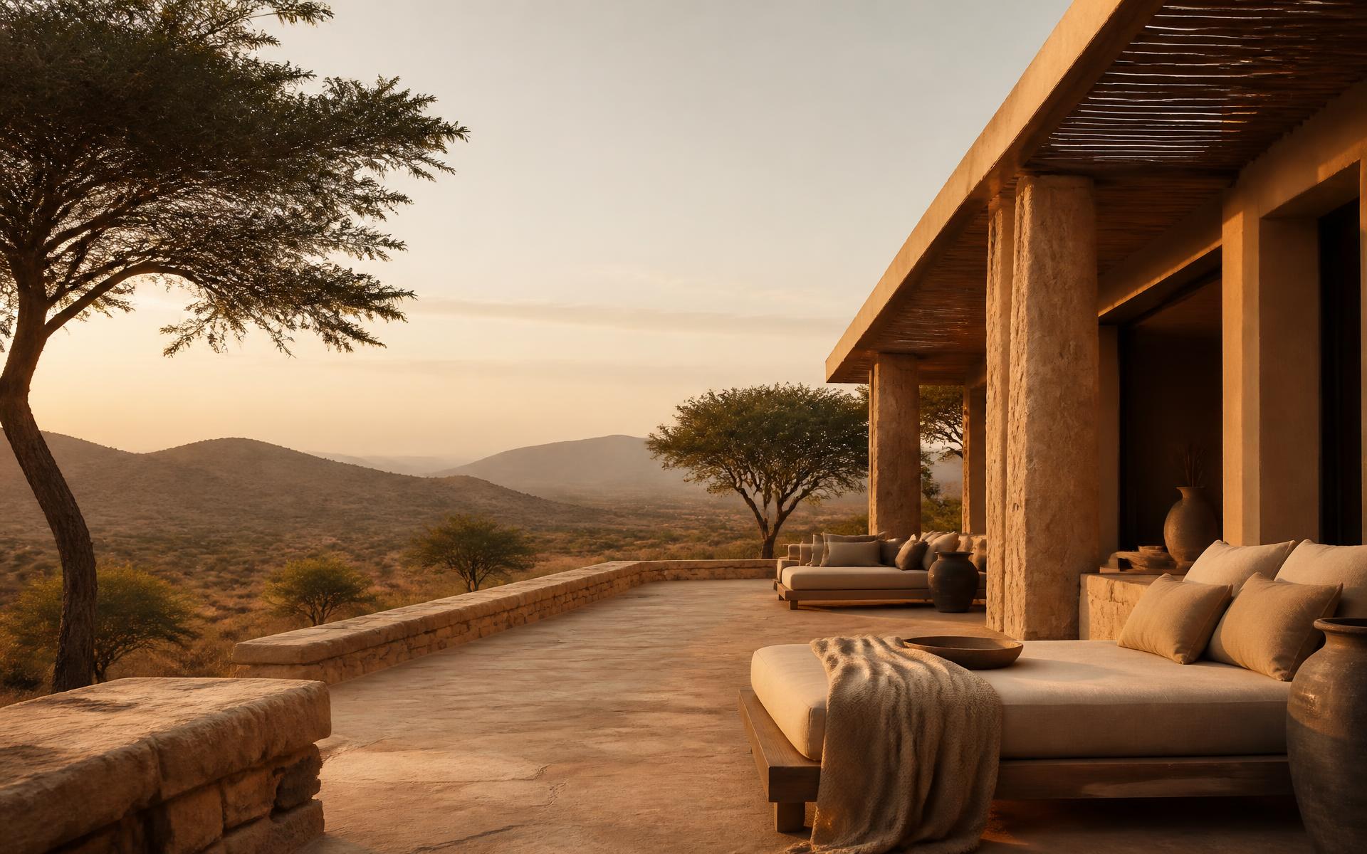 Terrace of a contemporary African lodge overlooking hills at golden hour