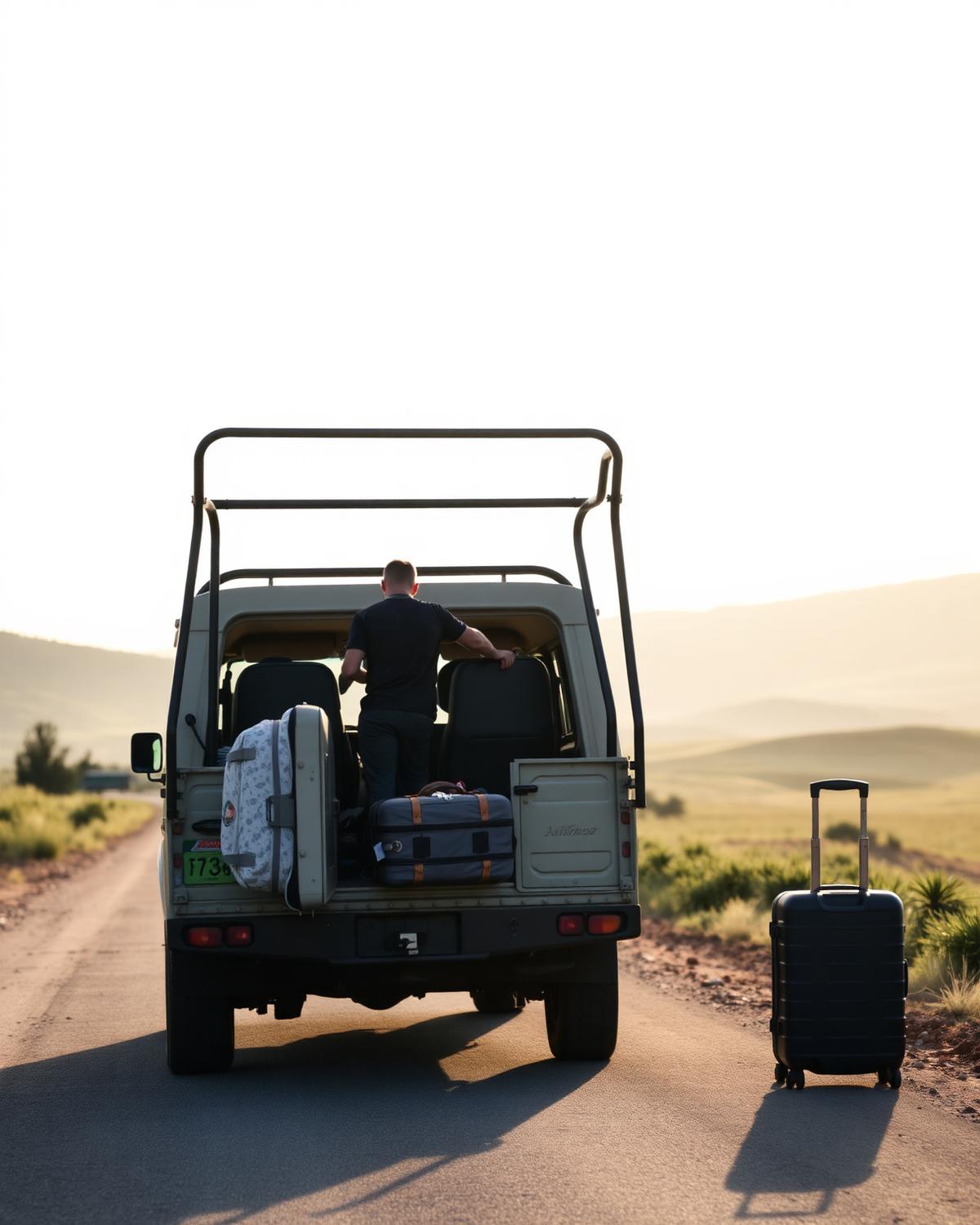 Vehicle being loaded on a quiet road at sunrise