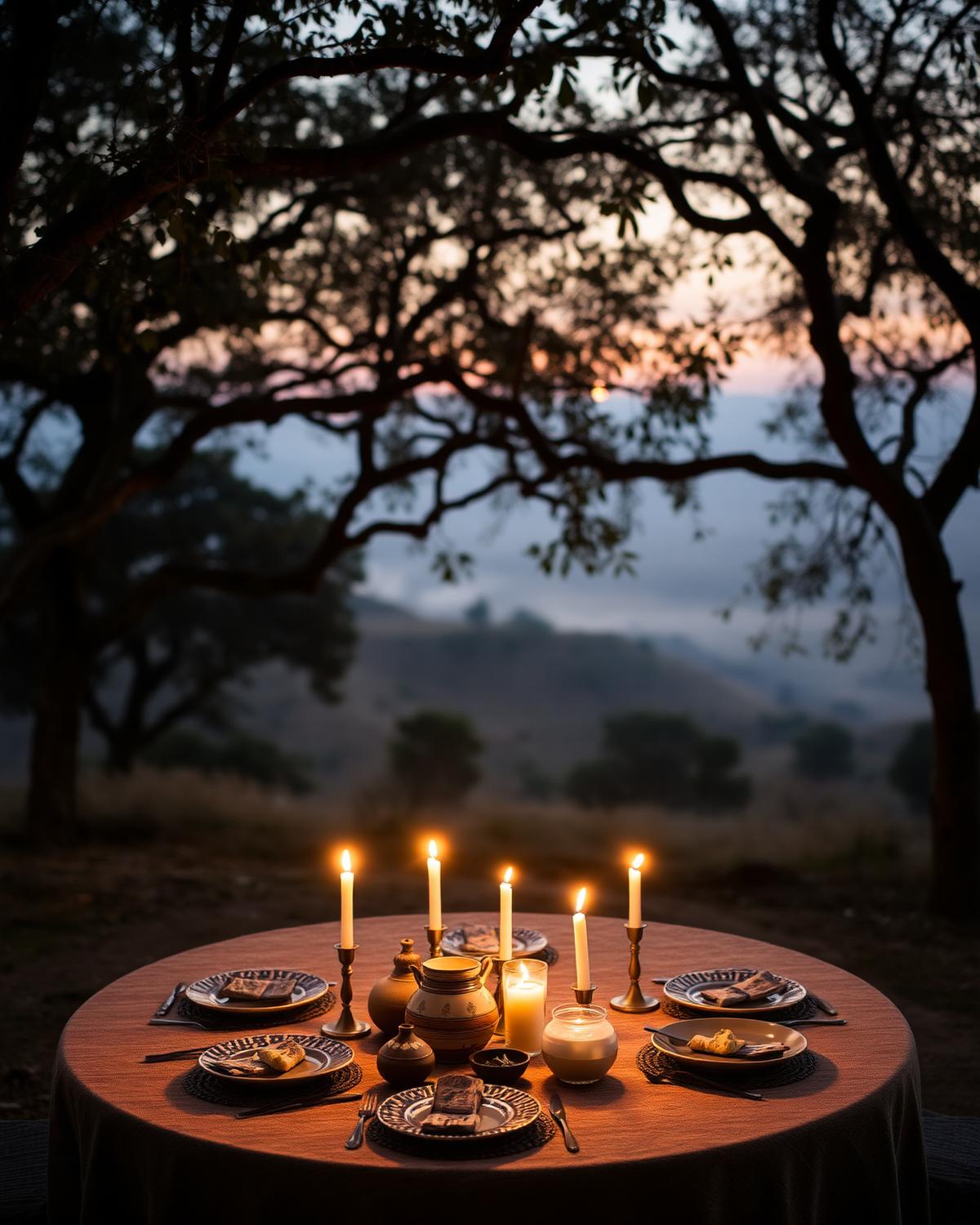 Candlelit table set outdoors under trees at dusk