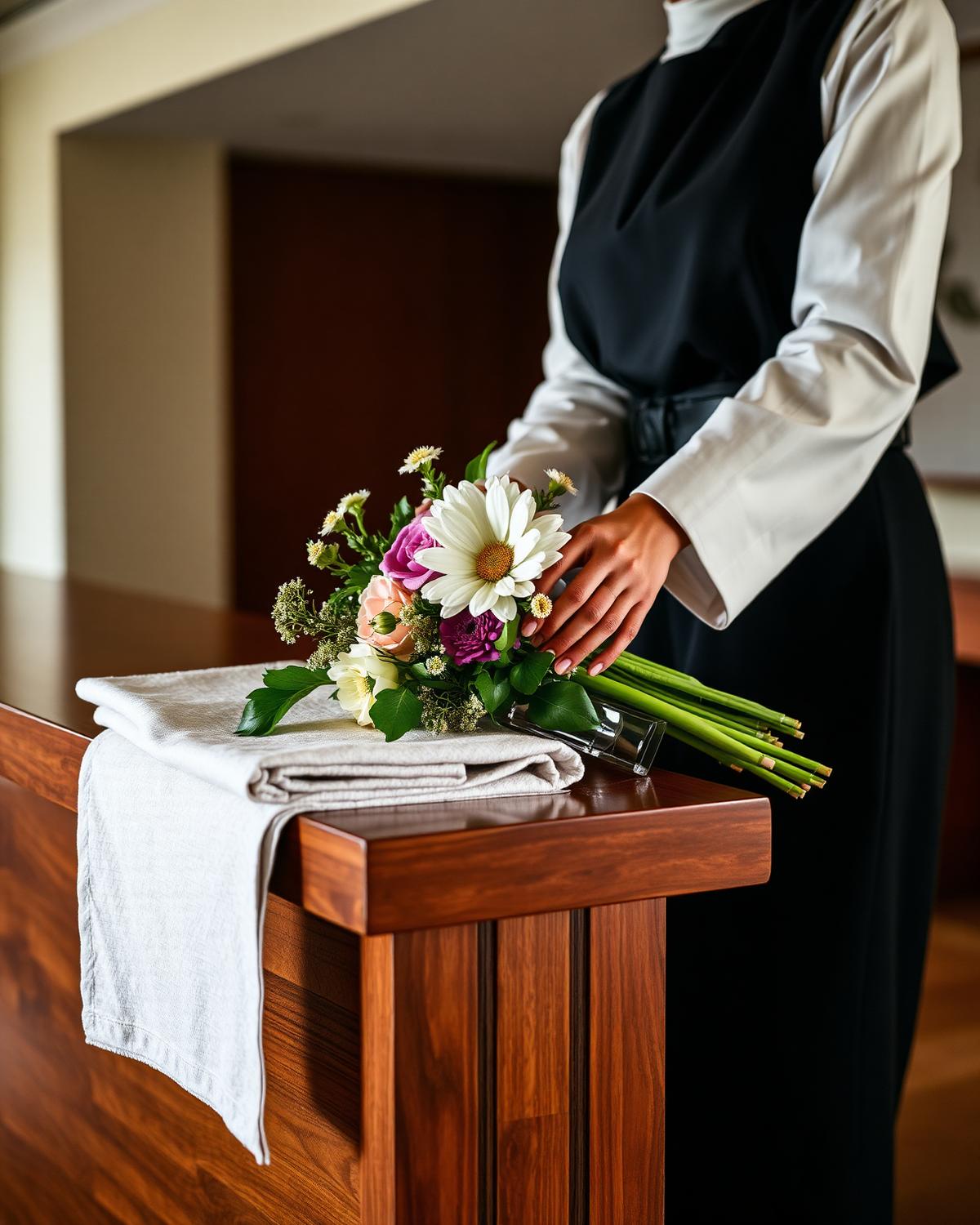 Hotel staff member arranging flowers and linen at a reception counter