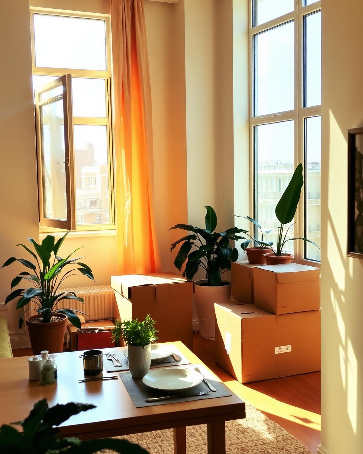 Sunlit apartment being settled into after a move